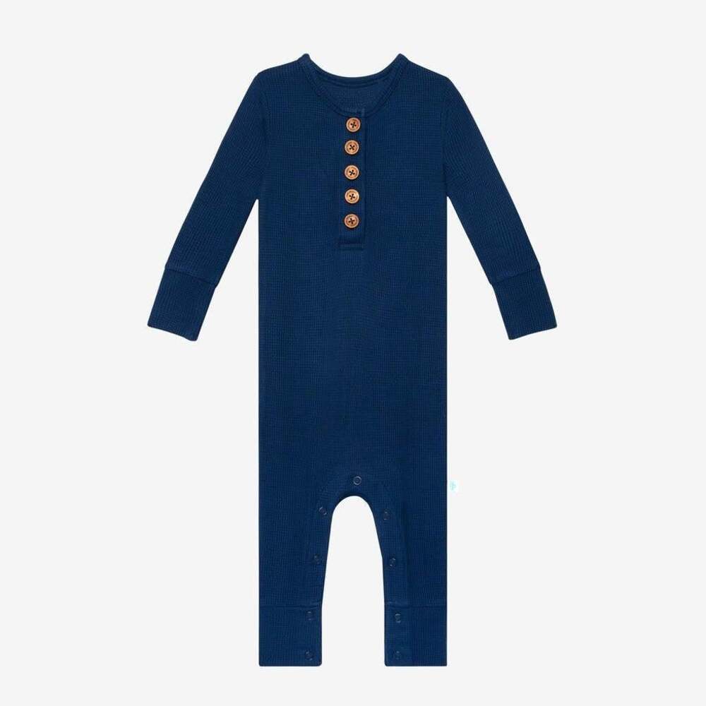 Buttery Soft Posh Peanut Boy's Bamboo Henley Romper - Agate Waffle 6-9M
